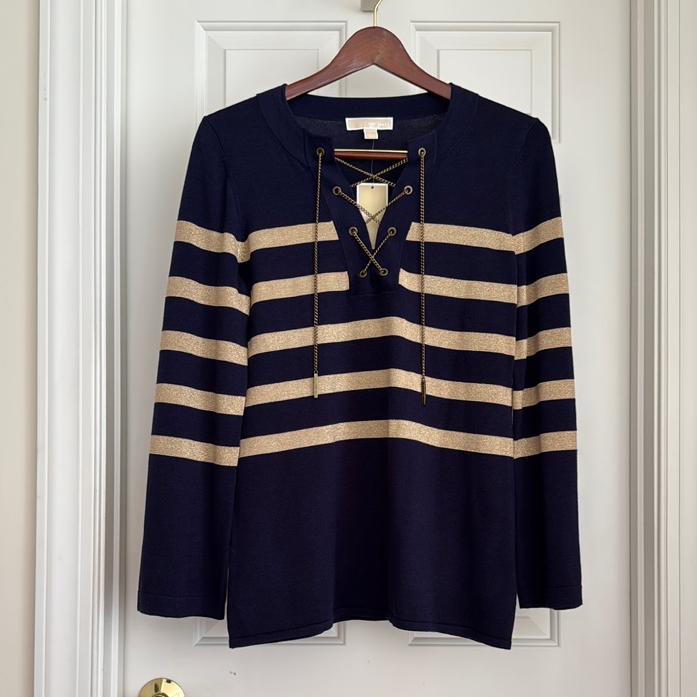 Michael Kors Top Size L Blue Gold Cream Long Sleeve Tie Front Blouse